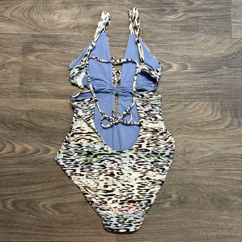 BECCA One Piece Swim Small Animal Instincts Cut Out Bathing Suit Leopard Print